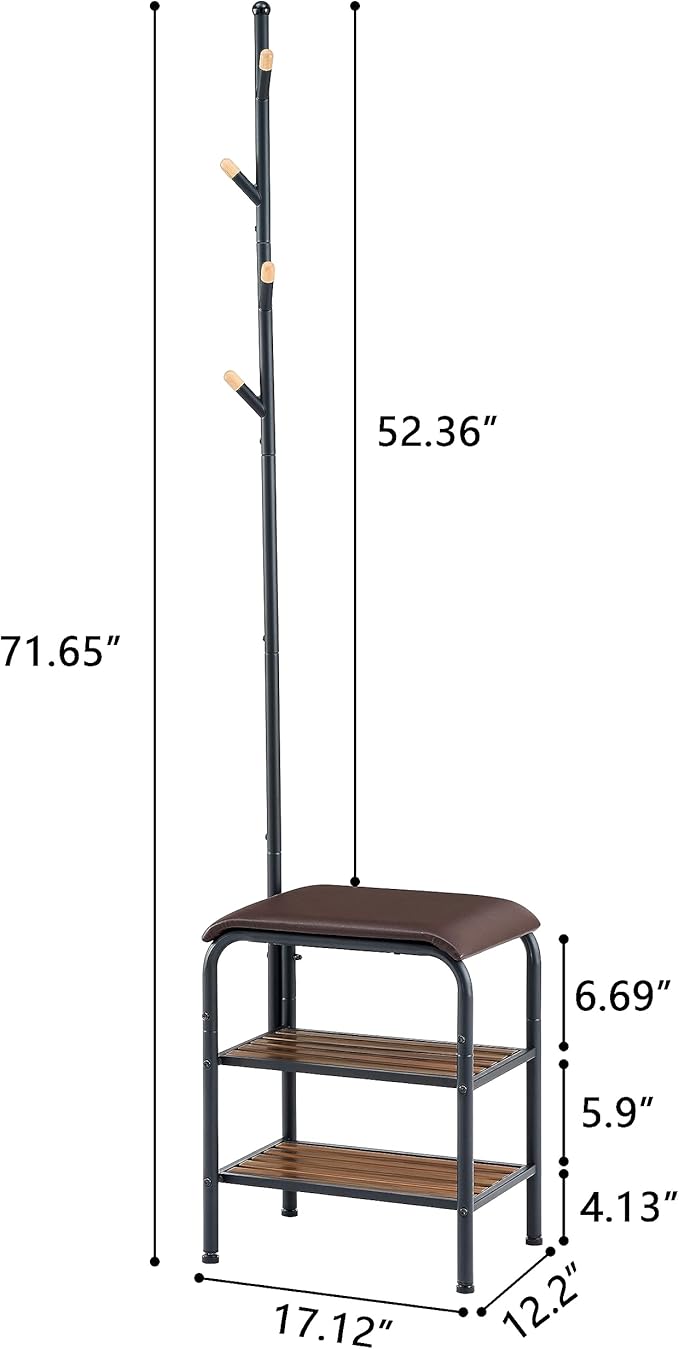Gewudraw Coat Rack Stand Shoe Bench - 3 in 1 Coat Hall Tree with Shoe Storage With Benches Small Metal Shoes Shelf for Entryway Living Room Bedroom Hallway Mudroom