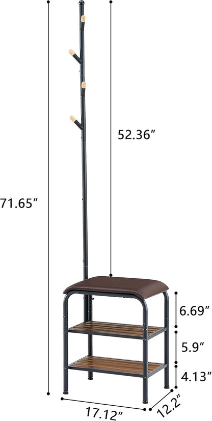 Gewudraw Coat Rack Stand Shoe Bench - 3 in 1 Coat Hall Tree with Shoe Storage With Benches Small Metal Shoes Shelf for Entryway Living Room Bedroom Hallway Mudroom