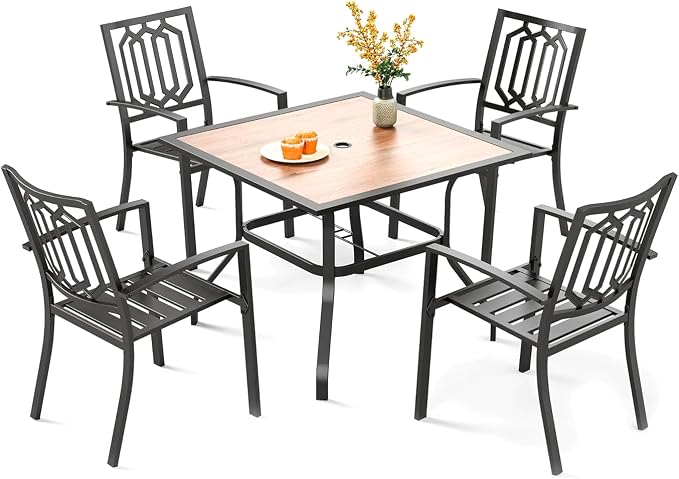 PHI VILLA 5 Piece Outdoor Dining Set for 4, 37" Square Metal Table with Polywood Top & Stacking Wrought Iron Chairs, Outside Furniture for Patio, Deck, Yard, Porch