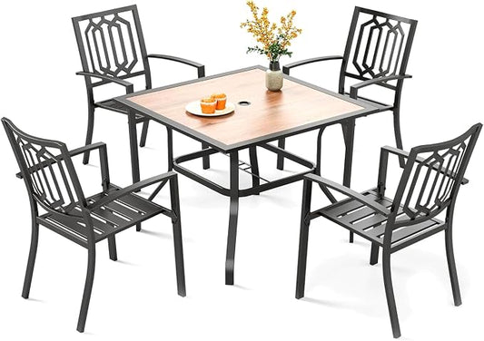 PHI VILLA 5 Piece Outdoor Dining Set for 4, 37" Square Metal Table with Polywood Top & Stacking Wrought Iron Chairs, Outside Furniture for Patio, Deck, Yard, Porch