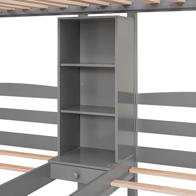 VilroCaz Twin Size Triple Bunk Bed with Drawers and Staircase, Solid Wood Bunk Bed Frame with Safety Full-Length Guardrail and Built-in Shelves, 3 Beds in 1 for Kids Teens Adults