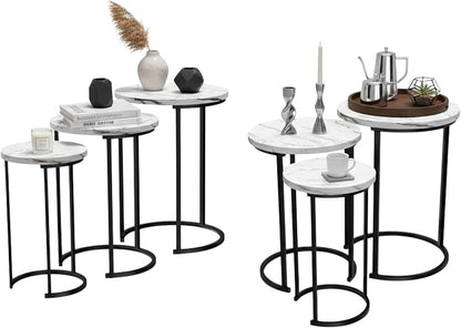 Lavish Home Nesting Tables - Set of 6 Space-Saving Round Side Tables with Faux Marble Tops – Modern Apartment Furniture Accent & End Table Set for Living Room, Bedroom, or Home Office (White)