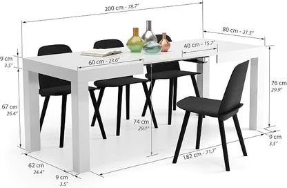 Mobili Fiver, First Extendable Table, 47.2(78.7) x31.5 in, High Gloss White, for 6-8 People, Expandable Dining Table for Kitchen, Living Room, Italian Furniture