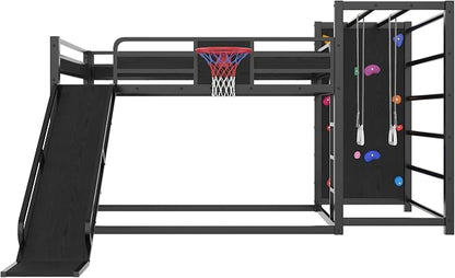 Harper & Bright Designs Floor Bunk Bed with Built-in Bookshelves and Basketball Hoop, Full Over Full Metal Bunk Bed with Slide, Climbing Wall, Pull-Up Rings for Sports Enthusiasts, Black