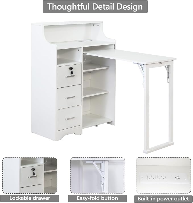 Folding Desk with Storage,Hidden Desk with Lockable Drawers & Shelves, Built-in Power Outlet,Fold Out Desk for Study and Home Office