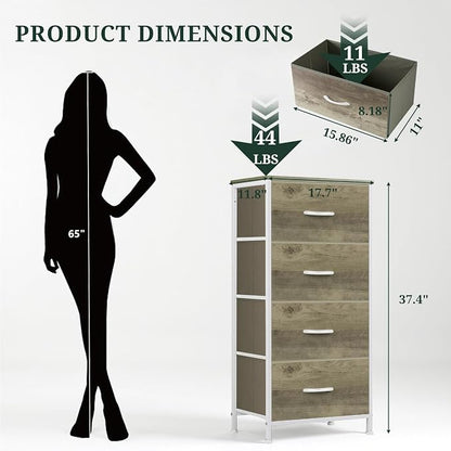 4 Drawers Dresser for Bedroom, Fabric Storage Tower Organizer with Wooden Top and Steel Frame, Tall Chest of Drawers for Closet, Entryway, Dorm, Greige Oak