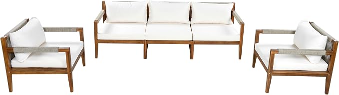 VilroCaz 3-Piece Patio Conversation Set, All Weather Sectional Sofa Set with Acacia Wood Frame and Woven Rope Accents, Outdoor Furniture Set with Cushions for Backyard Deck Poolside (Beige+Rope v)