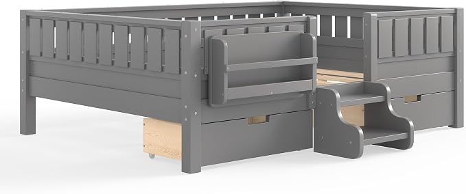 Bellemave Full Kids Montessori Bed with Stairs, Bookshelf and Drawers, Solid Wood Kids Bed Frame with Storage for Boys Girls, Low Profile,Gray