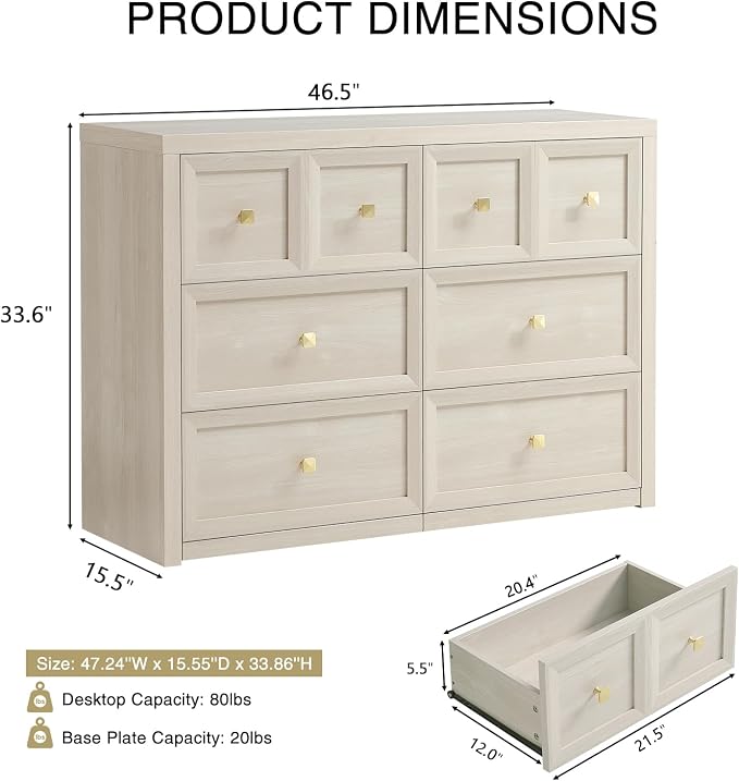 6 Drawers Dresser for Bedroom-46.5" Wide Wooden Chest of Drawers with Large Storage, Long Dresser TV Stand with Drawers, Farmhouse Closet Dressers for Living Room Bedroom, Grey White