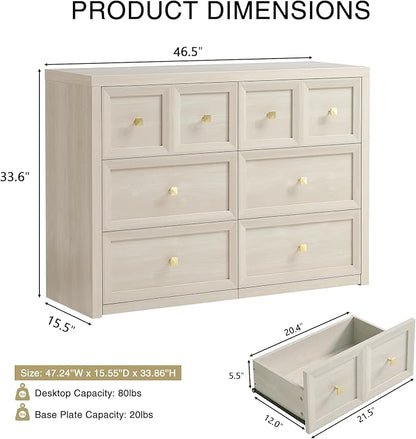 6 Drawers Dresser for Bedroom-46.5" Wide Wooden Chest of Drawers with Large Storage, Long Dresser TV Stand with Drawers, Farmhouse Closet Dressers for Living Room Bedroom, Grey White