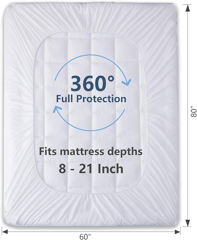 CozyLux Queen Size Mattress Pad Pillow Top Cotton Cooling Mattress Topper 8-21" Deep Pocket Mattress Cover Quilted Fitted Cooling 450GSM Mattress Protector (60x80 inch,White)