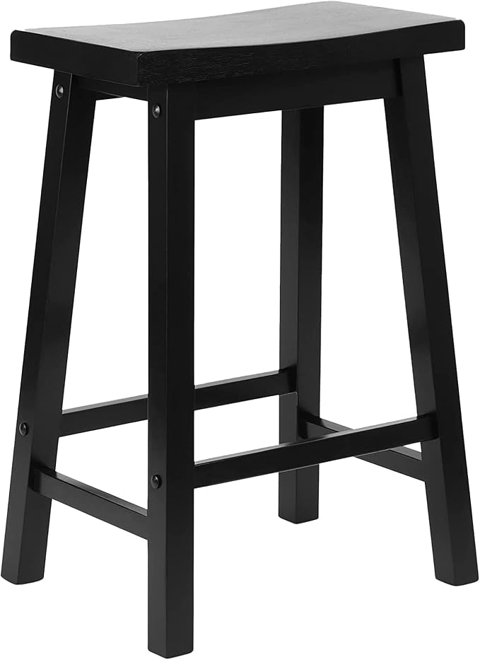 PJ Wood Classic Saddle-Seat 24'' Tall Kitchen Counter Stool for Homes, Dining Spaces, and Bars with Backless Seat, 4 Square Legs, Black (4 Pack)