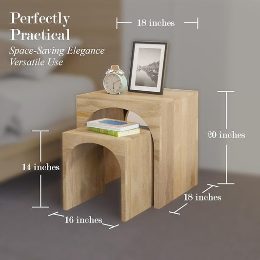 Relso Arch Duo Solid Mango Wood Nesting Tables for Living Room Set of 2 | Stylish Sustainable Design Nesting Side Tables | Unique Arched Cutouts Nesting Stools | Mid Century Nesting Tables