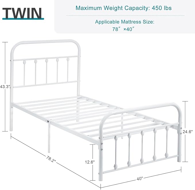 VECELO Twin Size Sturdy Metal Platform Bed Frame Classic Victorian Style Bed Frame with Headboard and Footboard Under Bed Storage No Box Spring Needed White