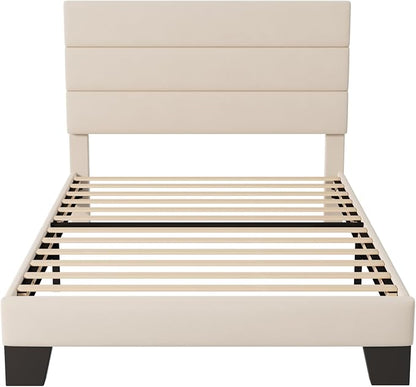 Allewie Twin Size Platform Bed Frame with Fabric Upholstered Headboard and Wooden Slats Support, Fully Upholstered Mattress Foundation/No Box Spring Needed/Easy Assembly, Cream