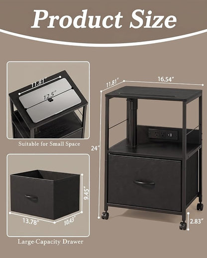 Faesun Swivel Lift Top Nightstand with Charging Station, Rolling Side Table for Recliner, Bedside Table with Wheels & a Fabric Drawer, for Small Spaces, for Bedroom, Living Room, Black