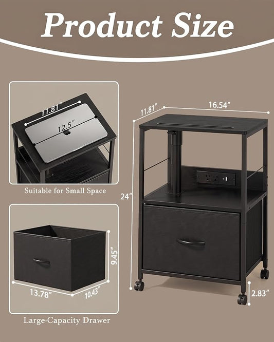 Faesun Swivel Lift Top Nightstand with Charging Station, Rolling Side Table for Recliner, Bedside Table with Wheels & a Fabric Drawer, for Small Spaces, for Bedroom, Living Room, Black
