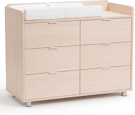 MAMAZING Keeva Pro 6-Drawer Baby Dresser with Changing Table, Easy Assembly | Washed Natural Wooden Nursery Dresser, Anti-Tip Design & Adjustable Feet, Dresser for Bedroom, Kids & Toddlers, 44" Wide