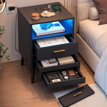 LVSOMT Black Bedroom Nightstand with Charging Station and LED Lights, Modern Bedside Table with Hidded Drawer, Smart Night Stand with Open Storage Shelf, USB Port, Metal Legs