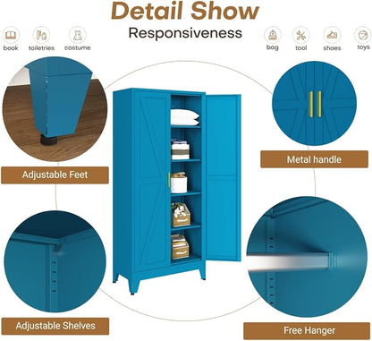 Metal Wardrobe Closet with Doors, 71" H Armoire Wardrobe Closet with 3 Adjustable Shelves and Hanging Rod, Steel Clothing Storage Cabinet for Bedroom, Home, Employee, Gym, Office, Blue