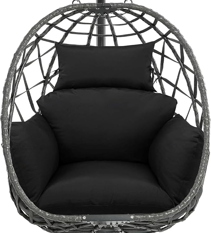 Egg Chair Cushion Replacement, Waterproof Thicken Hanging Egg Swing Chair Cushion for Outdoor Furniture, Wicker Rattan Hammock Basket Cushion with Headrest Pillow 47x31.5x4.7 inch(Black)