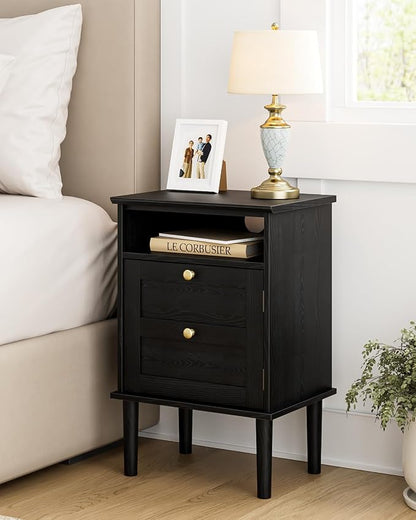 Nightstand, Boho Night Stand with 1 Drawers, Modern Side Accent Table with Open Shelf, Wooden Top Bedside End Table for Bedroom, Living Room, Black