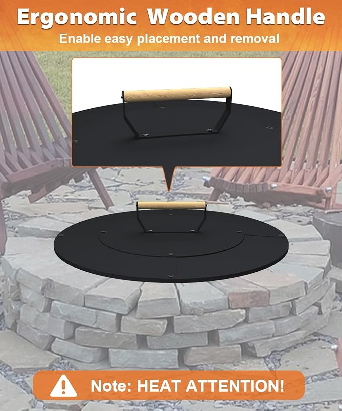 22" Wooden-Handle Fire Pit Lid for Pits up to 20", Round Metal Bonfire Pit Burner Pan Cover, Smokeless Fire Pit Cover for Fire Tables, All-Weather Resistance Outdoor Firepit Accessory