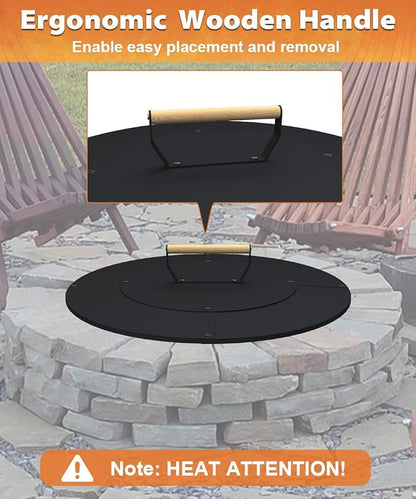 22" Wooden-Handle Fire Pit Lid for Pits up to 20", Round Metal Bonfire Pit Burner Pan Cover, Smokeless Fire Pit Cover for Fire Tables, All-Weather Resistance Outdoor Firepit Accessory