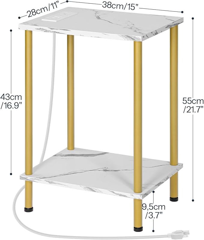 HOOBRO Side Table with Charging Station, Set of 2 End Tables with USB Port and Outlet, Nightstand with 2-Layer Storage Shelves for Small Spaces, Living Room, Bedroom, Gold and Marble DM09UBZP201