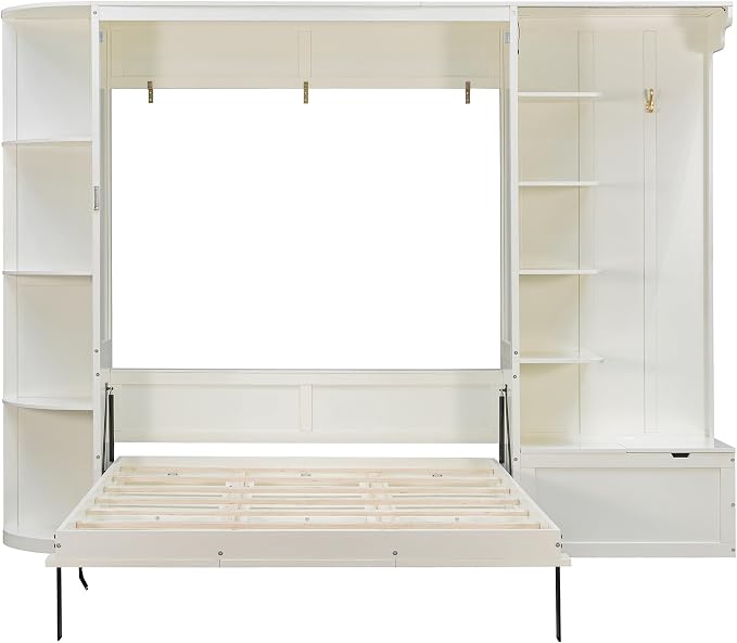 Murphy Bed Queen Size,Murphy Bed with Storage & Lights,Wall Bedframe w/Hidden Fold-Out Legs & Built-in Shelves & Cabinets，Hook,Space-Saving,White