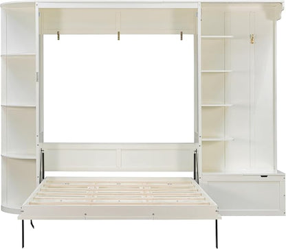 Murphy Bed Queen Size,Murphy Bed with Storage & Lights,Wall Bedframe w/Hidden Fold-Out Legs & Built-in Shelves & Cabinets，Hook,Space-Saving,White