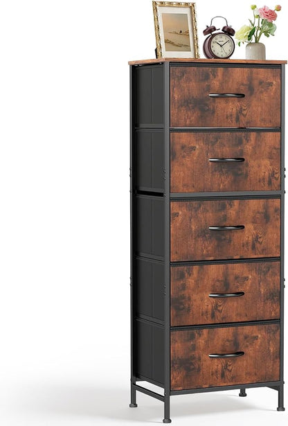 5 Drawers Dresser for Bedroom, Fabric Storage Tower Organizer with Wooden Top and Steel Frame, Tall Chest of Drawers for Closet, Entryway, Dorm, Brown