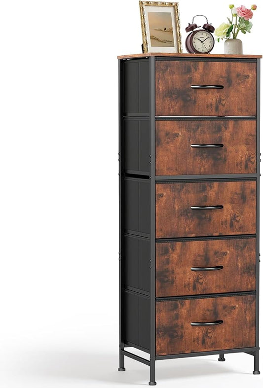 5 Drawers Dresser for Bedroom, Fabric Storage Tower Organizer with Wooden Top and Steel Frame, Tall Chest of Drawers for Closet, Entryway, Dorm, Brown