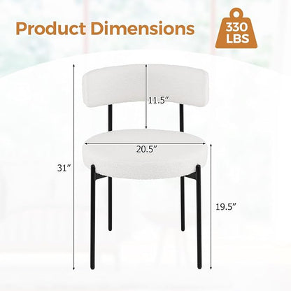 Giantex Sherpa Dining Chairs Set of 4, Upholstered Round Kitchen Chairs with Curved Backrest & Metal Legs, Modern Armless Side Chairs, White Boucle Accent Chairs for Dining Room, Living Room