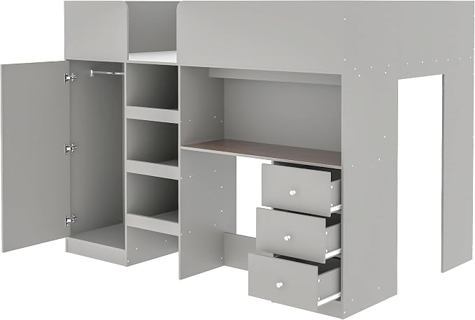 Ball & Cast Twin Size House Shape Loft Bed with Ladder & Safety Guardrail,Wooden Platform Bedframe W/Wardrobe & Under-Bed Play Space,Space-Saving,No Box Spring Needed,for Boy Girl Teens Bedroom,Grey