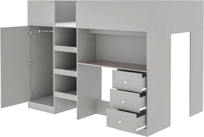 Ball & Cast Twin Size House Shape Loft Bed with Ladder & Safety Guardrail,Wooden Platform Bedframe W/Wardrobe & Under-Bed Play Space,Space-Saving,No Box Spring Needed,for Boy Girl Teens Bedroom,Grey