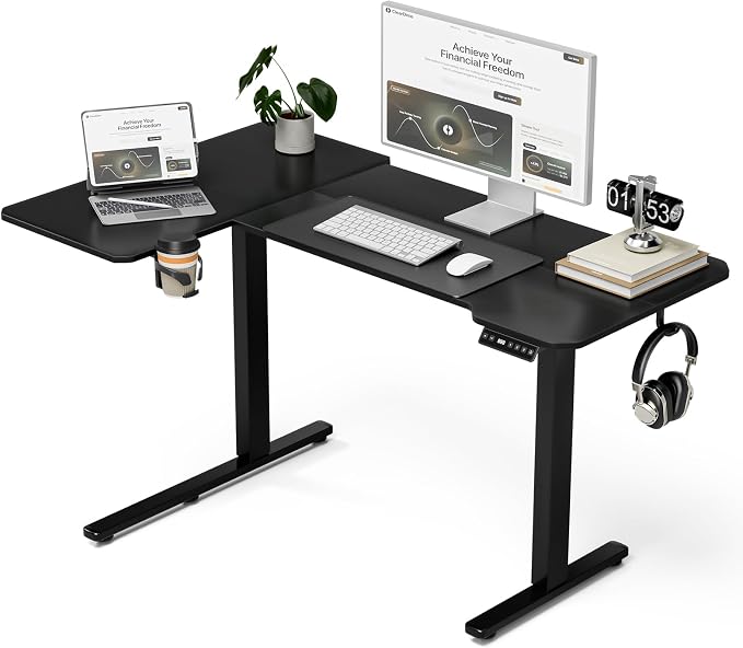 Acrolix L Shaped Electric Standing Desk - 51x31.5 Inch Reversible Corner Sit Stand Desk with Hook&Cup Holder,Electric Height Adjustable Table,for Small Home Office&Bedroom Computer Desk, Black