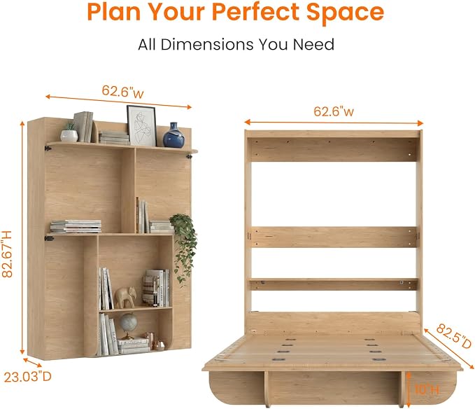CECER Vertical Murphy Bed Queen，Save Space for Offices/Guest-Natural Wood | Multi-Functional Queen Murphy Cabinet Beds with Storage Shelf/Bookshelf，Sturdy frame ＆ Easy Assemble
