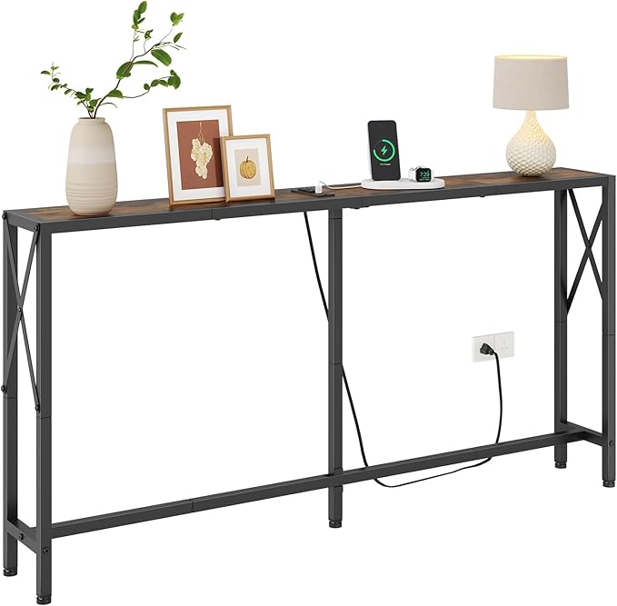 Gewudraw Console Table with Oulets and USB Ports, 55.1" Sofa Table Behind Couch, Industrial Long Skinny Stand for Hallway, Living Room, Bedroom, 6.5 Feet Power Cord, Rustic Brown
