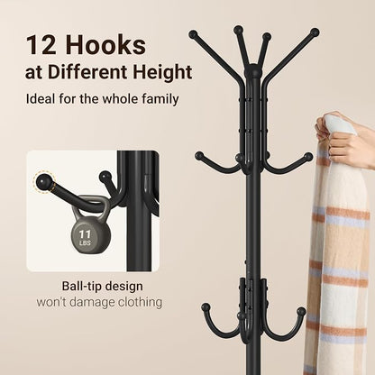 ELYKEN Coat Rack Freestanding, Metal Coat Rack with Umbrella Holder | 12 Hooks, Round Base, Heavy Duty Floor Standing Coat Tree for Entryway, Hallway, Living Room, Bedroom, Office, Black