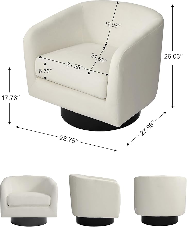 Swivel Barrel Accent Chair, Modern Round Chenille Fabric Arm Chair for Living Room, Bedroom, Comfy Club Reading Chairs for Adults（Velvet Ivory, Set of 4