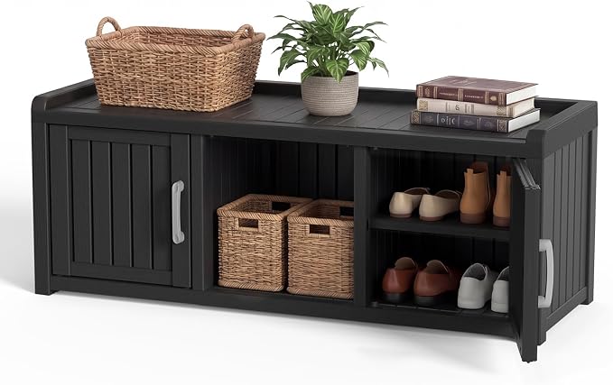 DRATO Outdoor Shoe Storage Cabinet, Waterproof Resin Shoe Storage Bench, Large Shoes Rack Cabinet with 2 Doors for Outdoor Indoor Entryway Hallway Corner Bedroom Porch (Black, 2 Doors)
