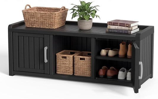 DRATO Outdoor Shoe Storage Cabinet, Waterproof Resin Shoe Storage Bench, Large Shoes Rack Cabinet with 2 Doors for Outdoor Indoor Entryway Hallway Corner Bedroom Porch (Black, 2 Doors)