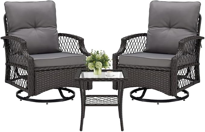 3-Piece Patio Furniture Set, Wicker Outdoor Bistro Set Swivel Glider Patio Chairs x 2 with Cushions, High Back All-Weather Rattan Outdoor Furniture for Porch, Backyard (Grey + Wicker)