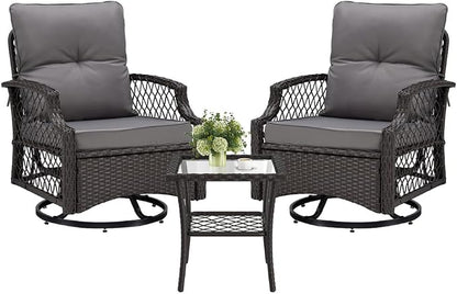 3-Piece Patio Furniture Set, Wicker Outdoor Bistro Set Swivel Glider Patio Chairs x 2 with Cushions, High Back All-Weather Rattan Outdoor Furniture for Porch, Backyard (Grey + Wicker)