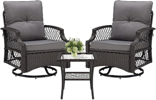 3-Piece Patio Furniture Set, Wicker Outdoor Bistro Set Swivel Glider Patio Chairs x 2 with Cushions, High Back All-Weather Rattan Outdoor Furniture for Porch, Backyard (Grey + Wicker)