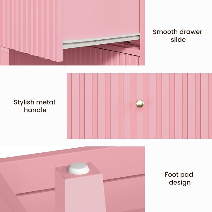 RoyalCraft Pink Fluted Nightstand Set of 2, Colorful Nightstand with 2 Drawers, Modern Wooden End Table with Storage for Small Spaces, Side Table for Bedroom, Couch, Home Office