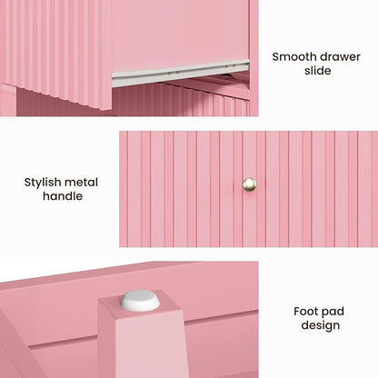 RoyalCraft Pink Fluted Nightstand Set of 2, Colorful Nightstand with 2 Drawers, Modern Wooden End Table with Storage for Small Spaces, Side Table for Bedroom, Couch, Home Office