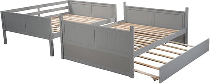 Merax Trundle Bunk Bed, Full Over Full Wood Bunk Bed with Twin Size Trundle, Guardrail and Ladder, Can be Separated into 2 Beds, Grey