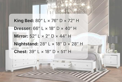 First of a Kind Shiney Contemporary 5 Piece King Bedroom Set High Gloss White Finish with Upholstered Headboard, Sleek Modern Bedroom Furniture Set for Coordinated Interiors